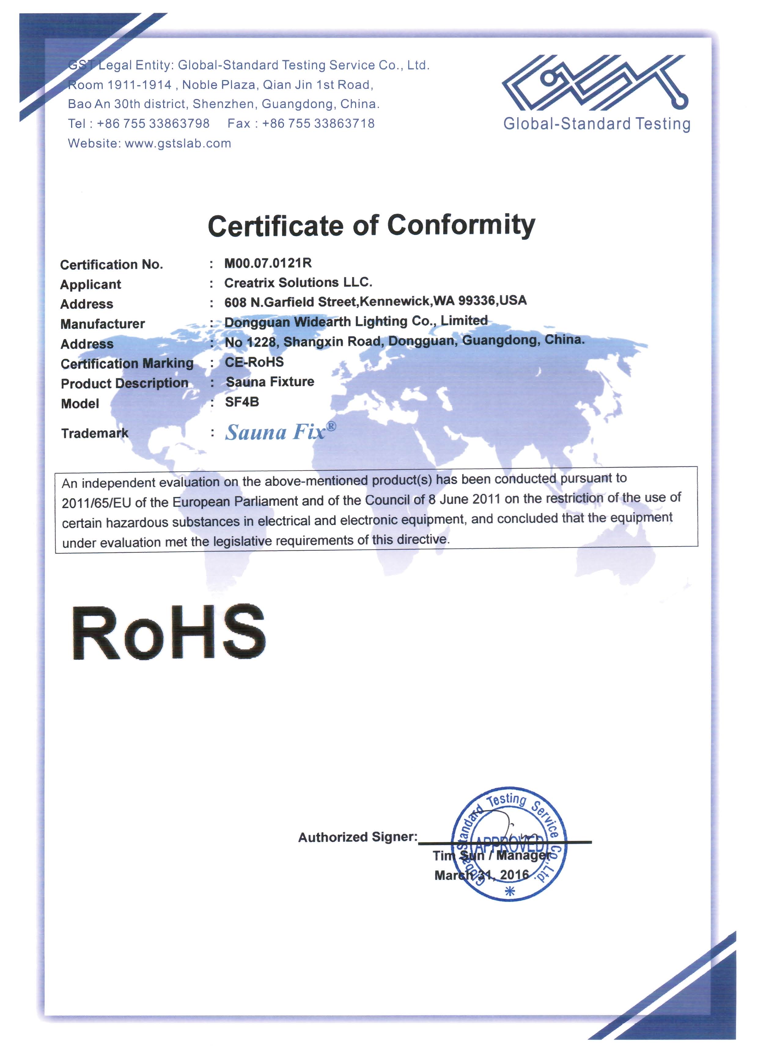Sauna Fix USA ROHS Certificate