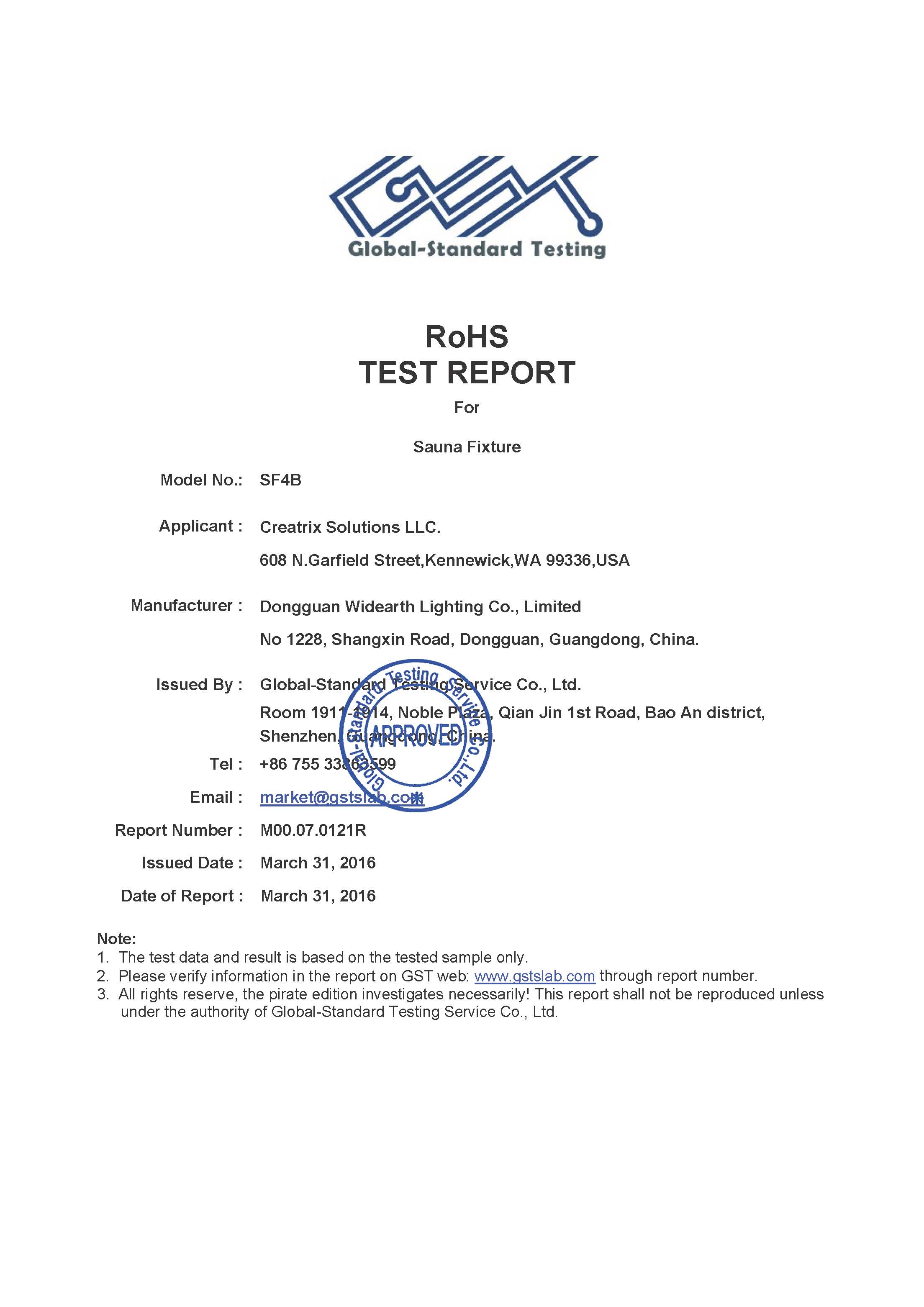 Sauna Fix USA ROHS Test Report Page 1