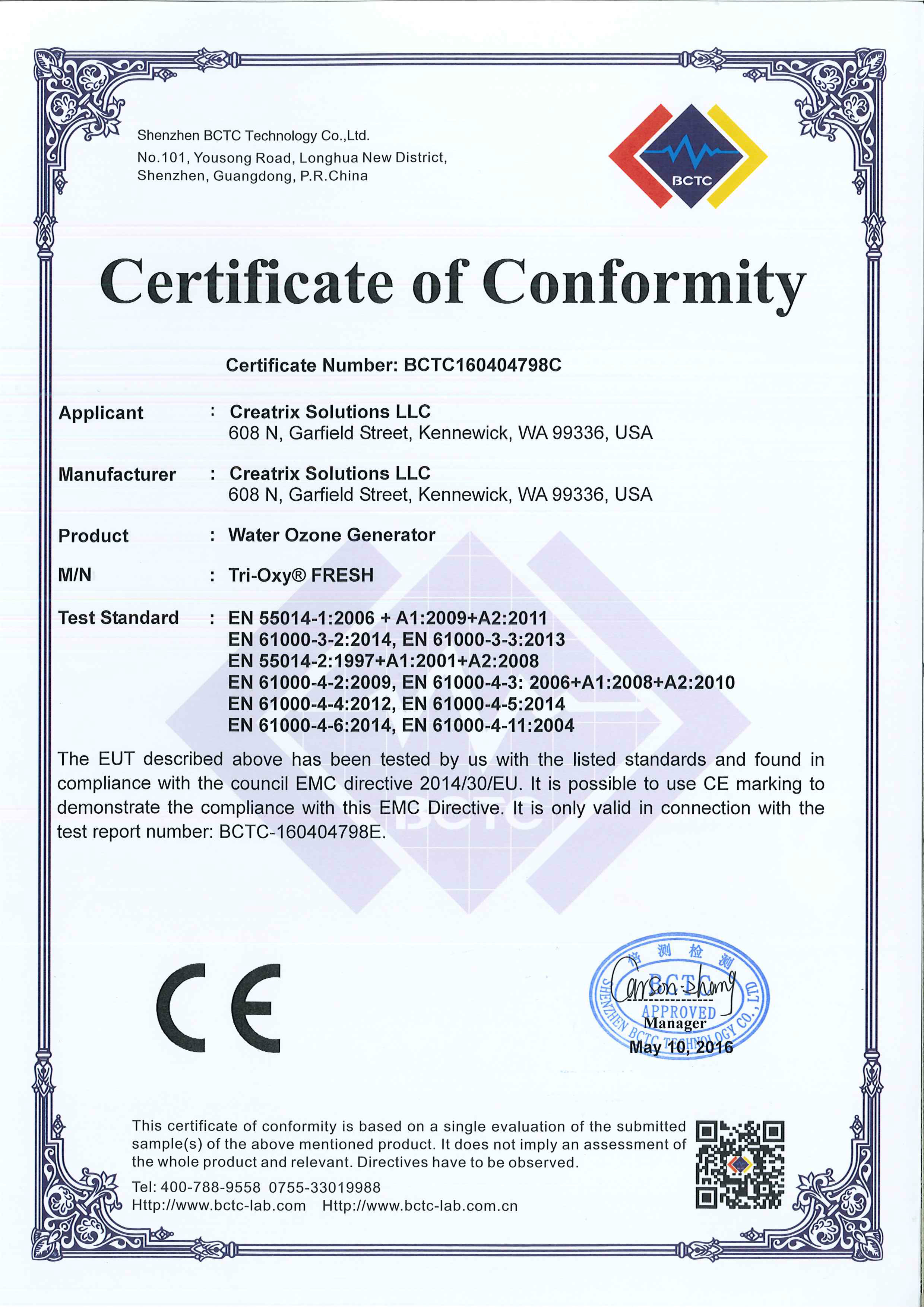 Tri-Oxy FRESH EMC Certificate