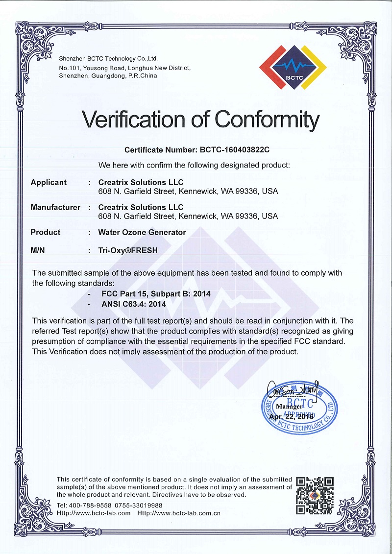 Tri-Oxy FRESH FCC Certificate