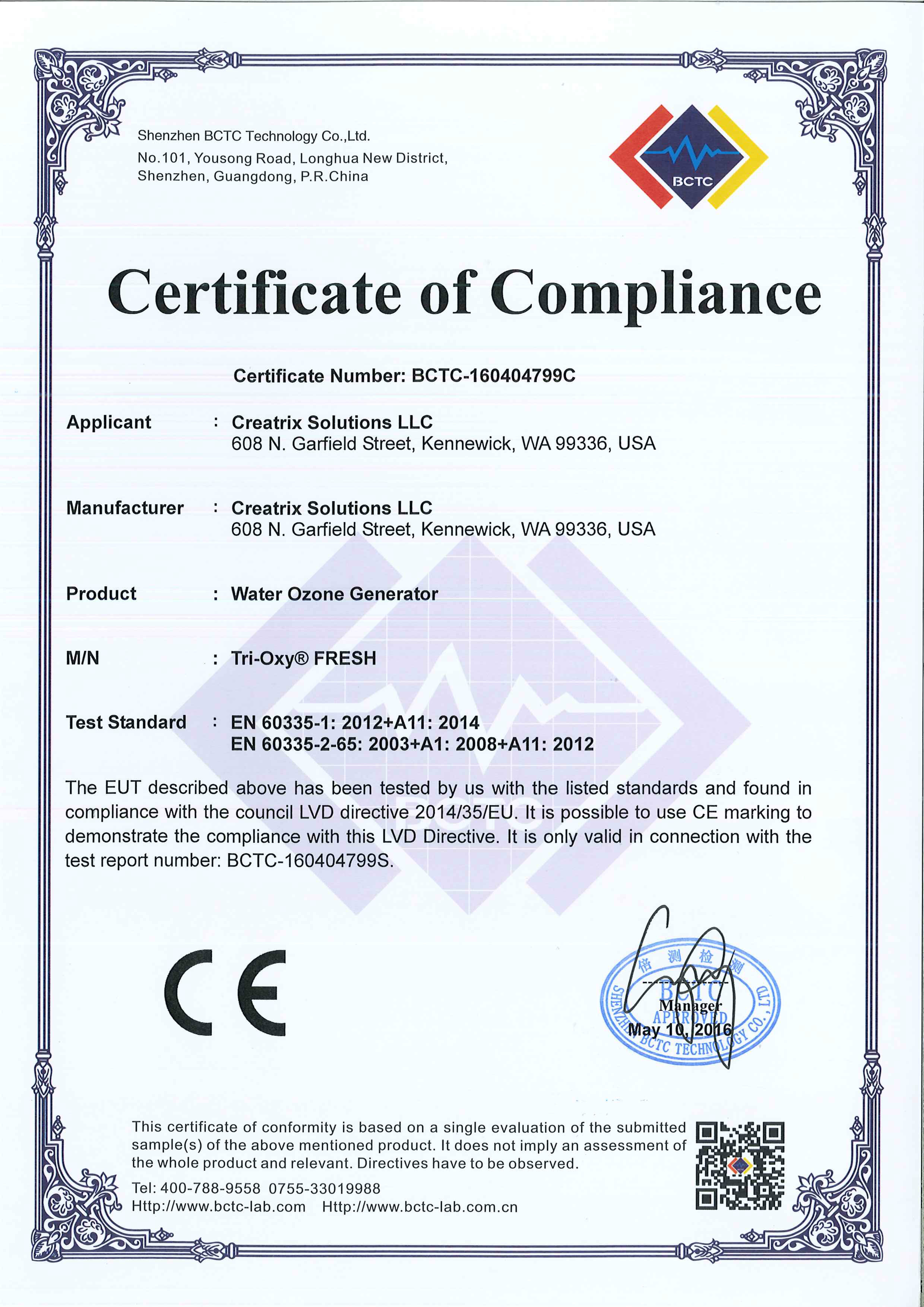 Tri-Oxy FRESH LVD Certificate
