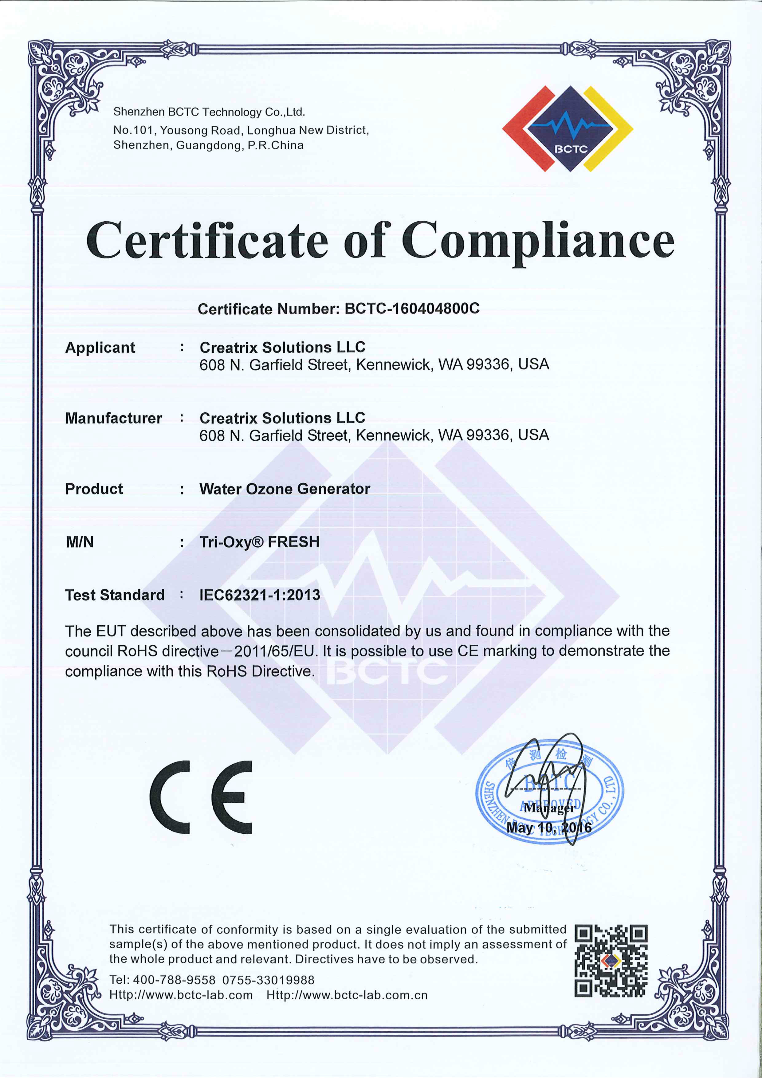 Tri-Oxy FRESH ROHS Certificate