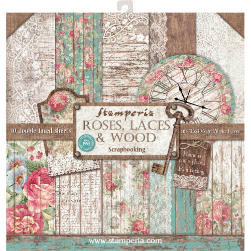 Stamperia - Double-Sided Paper Pad 12"X12" - Roses, Lace & Wood
