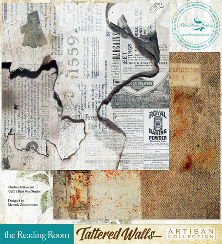 Blue Fern Studios - Tattered Walls 12x12 dbl sided paper - The Reading Room