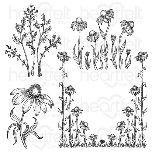 Heartfelt Creations Backyard Blossoms Collection - Garden's Edge Coneflower Cling Stamp Set