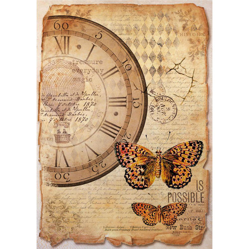 Stamperia - Mixed Media Clock & Butterfly - Decoupage Rice Paper 8.25 x 11.5