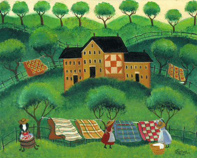 WASHING QUILTS MAMA'S COUNTRY QUILT HOUSE FOLK ART PRINT 