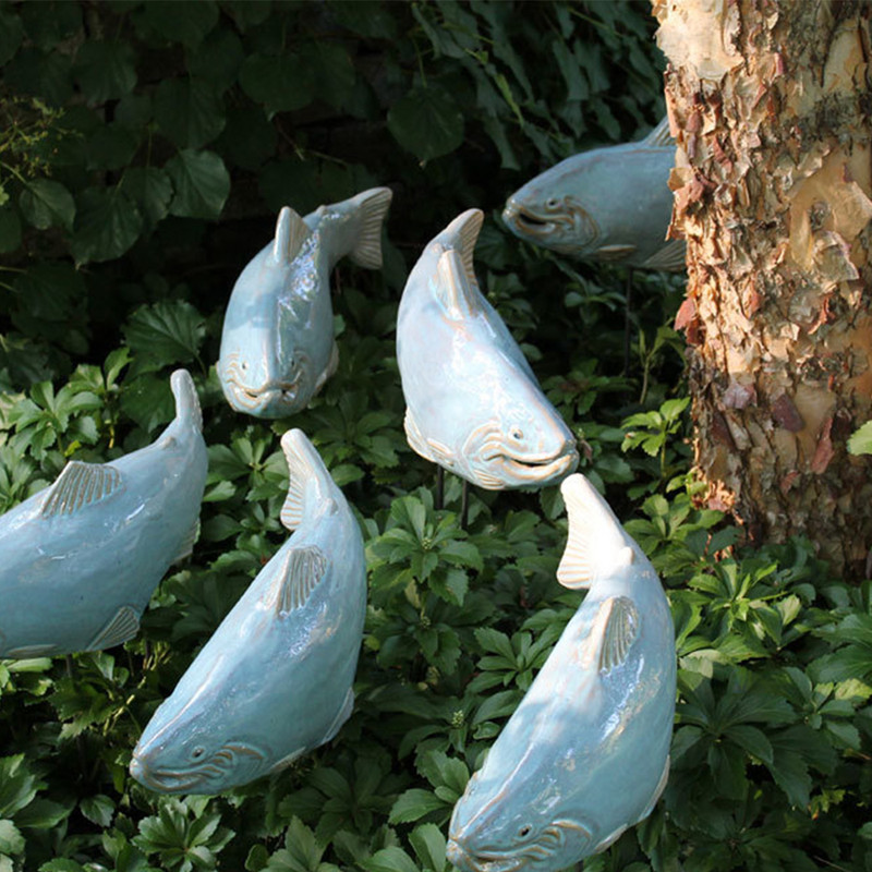Ceramic Sky Colored Trout Garden Art Statues Made in Maine