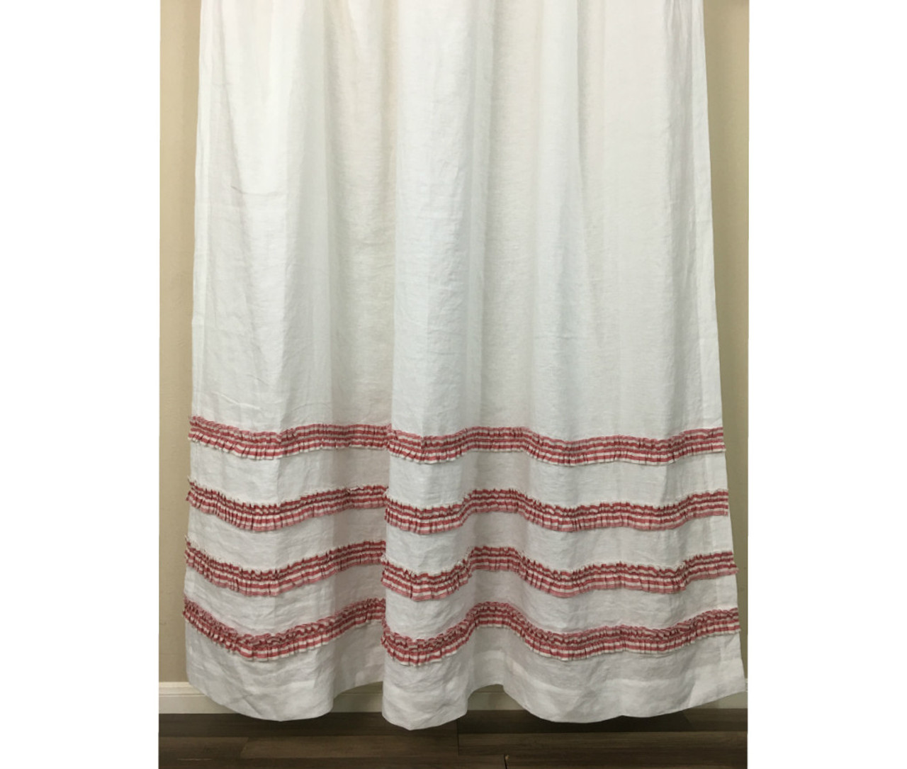White Shower  Curtain  with Red  Ticking Stripe  Rows of 