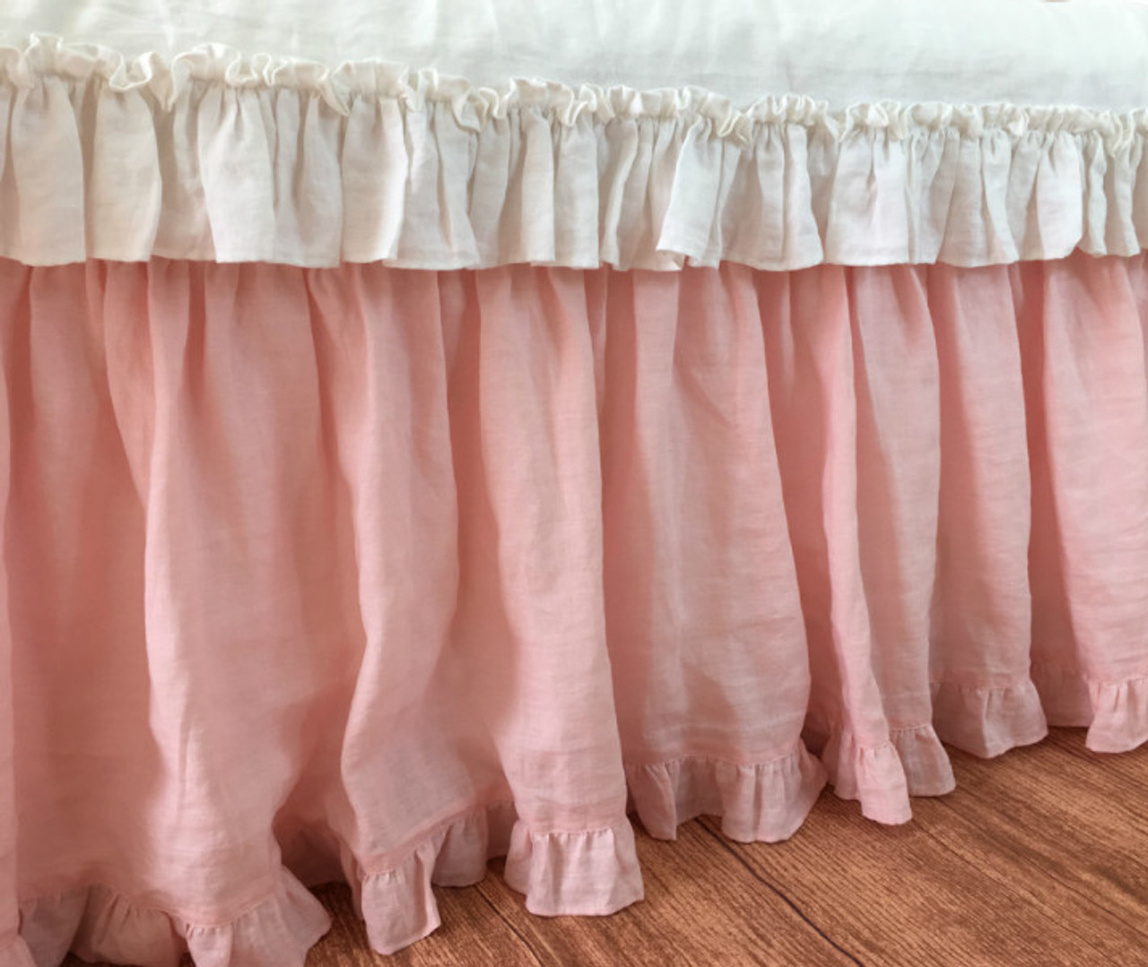 Pink Ruffled Bed Skirt With Ruffle Border Shabby Chic Shabby Chic Bed Skirt Handmade In Pink Linen