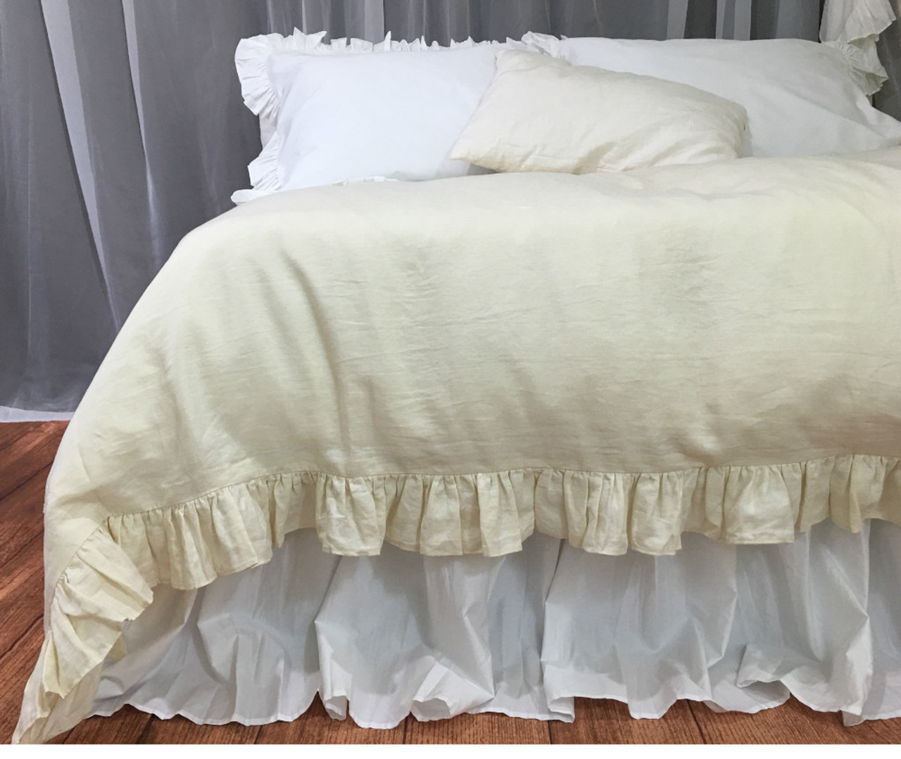 Cream Linen Ruffle Duvet cover, Ruffle Linen Bedding, Ivory, Luxury