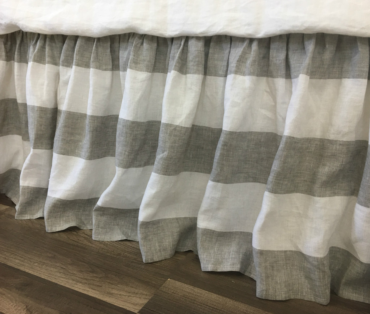 Grey and White Striped Linen Bed Skirt, Gathered Ruffle ...