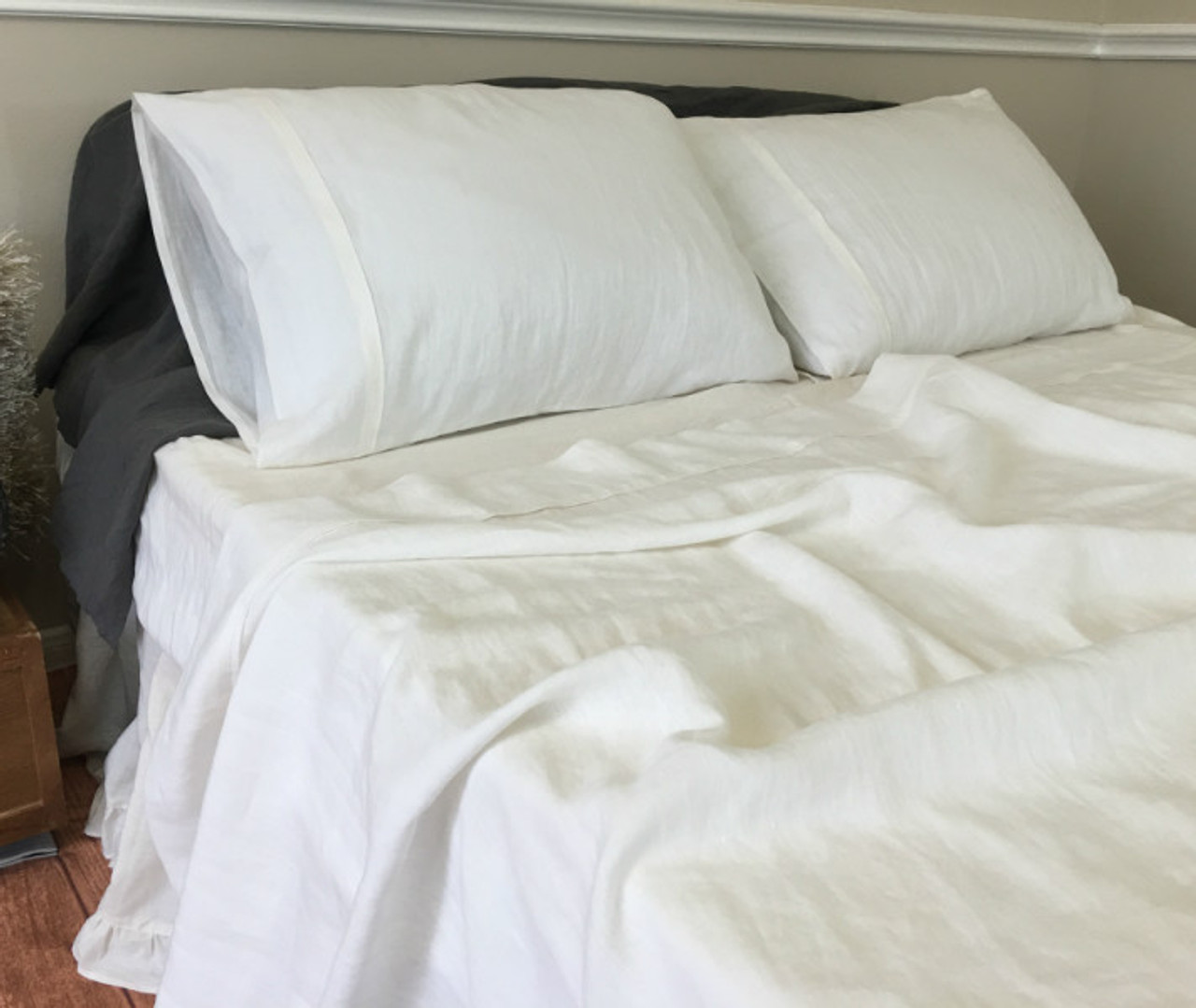 White bed sheets set in natural linen Handcrafted by Superior Custom Linens