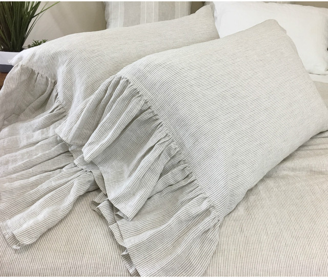 Linen Ticking Striped Pillow Cases with Mermaid Long Ruffles, Forever