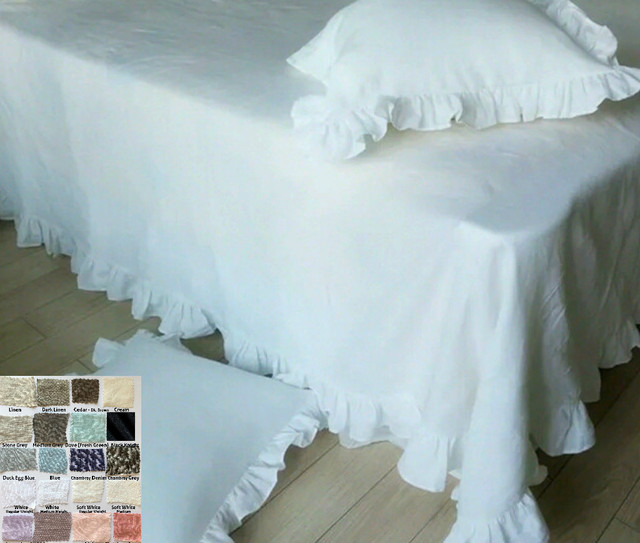 Natural Linen Bed Throw Blanket with Ruffles, Luxe ruffles throw