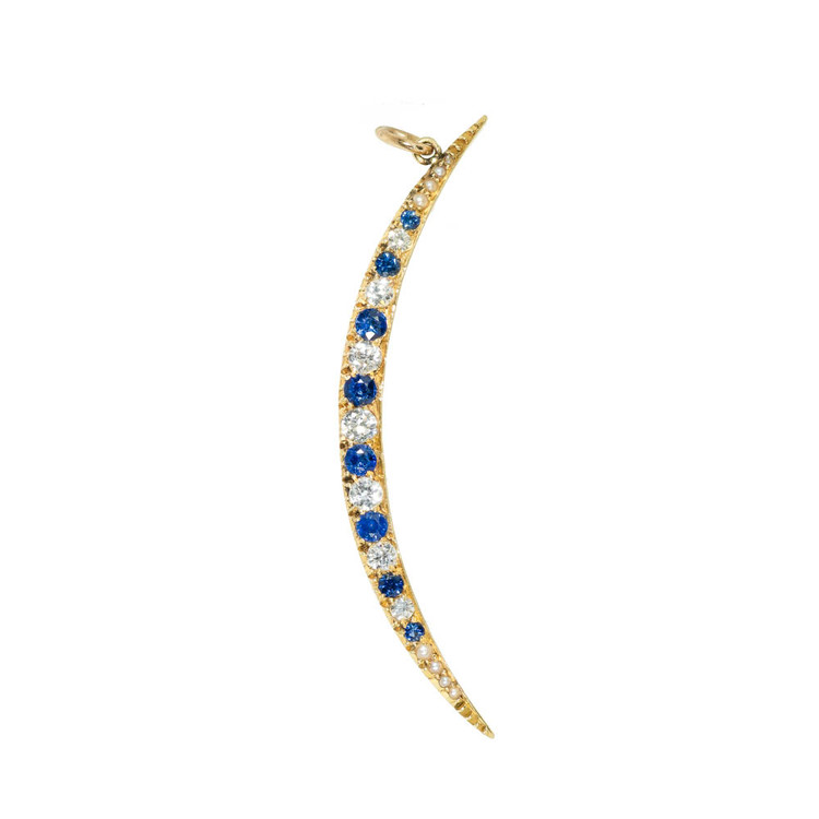 Antique Sapphire & Diamond Crescent Moon Pendant on 14 Ct Gold Chain