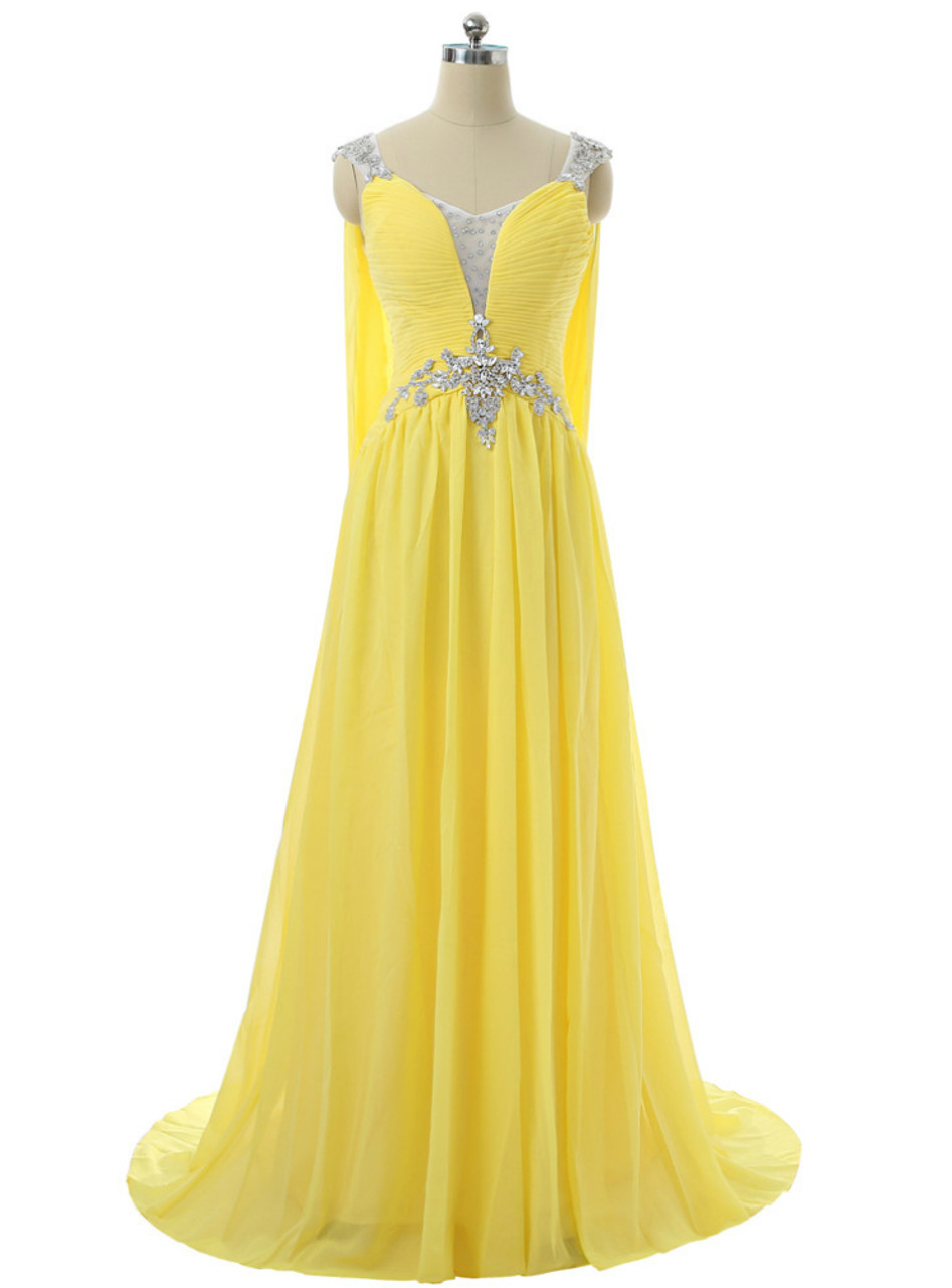 Vneck Cap Sleeves Chiffon Crystals Open Back Long Evening Dresses