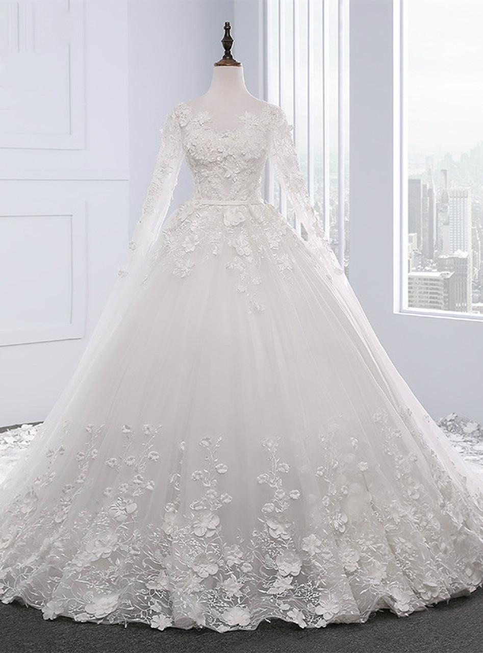 White Ball Gown Long Sleeve Backless Wedding Dresses With
