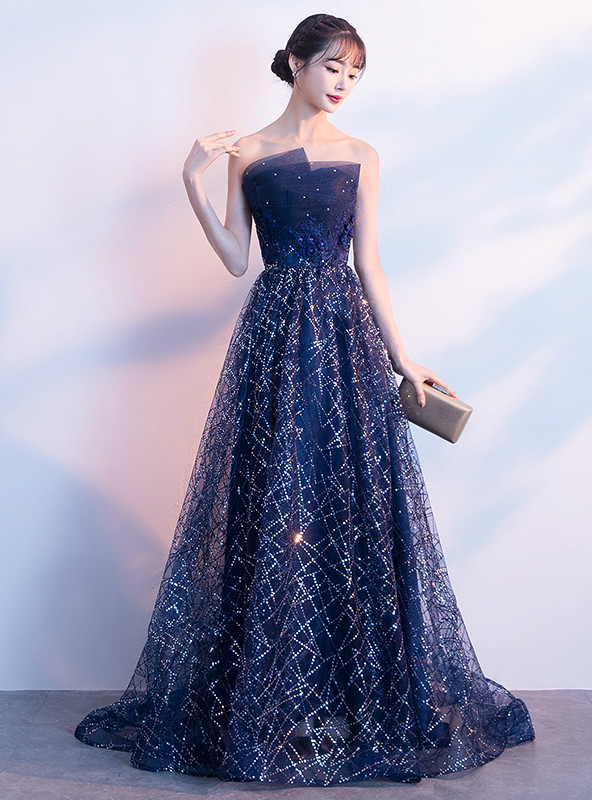 Ovlias Exquisite Blue Strapless Sequins Applique Mesh Layered Prom Dress LY0641