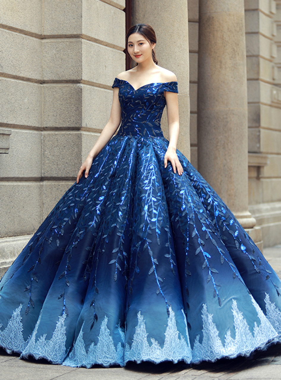  Blue  Ball Gown Off The Shoulder Bling Bling Sequins 