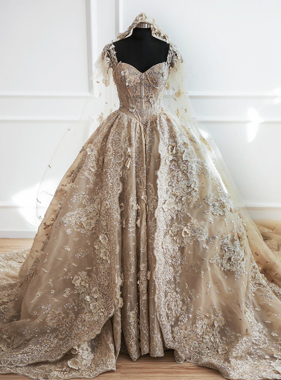 Luxury Champagne Ball Gown Off The Shoulder Appliques