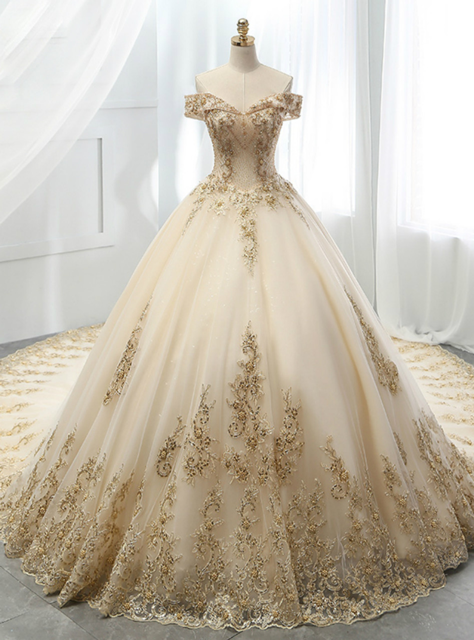 Champagne Ball Gown Tulle Gold Lace Appliques Wedding Dress