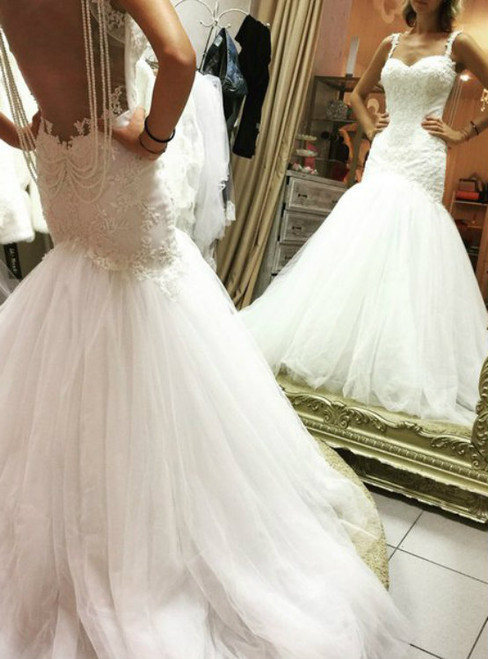 Luxury Royal Train Pearls Mermaid Wedding Dress Gowns Sexy Spaghetti