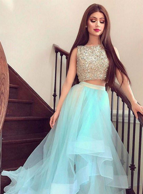  FORMAL DRESSES CUTE  TWO PIECES TULLE SEQUIN LONG PROM  DRESS 