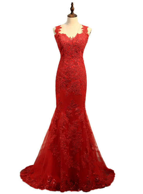 Mermaid Red Lace Halter Backless Sweep Train Prom Dress