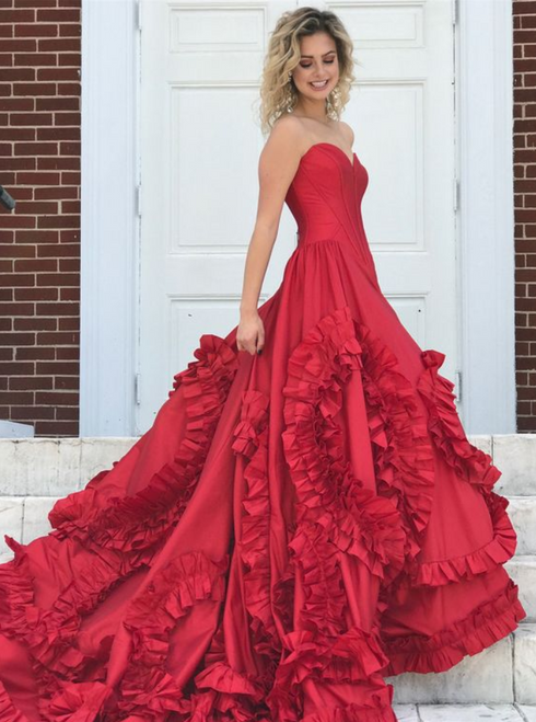 Sweetheart Bodice Corset Ruffles Red Prom Dresses Ball Gowns
