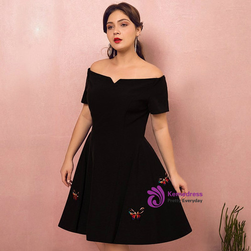  Plus  Size  Knee Length Black  Satin Prom  Dress 