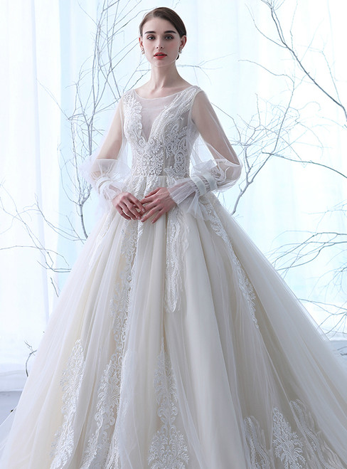 In Stock:Ship in 48 hours Luxury Long Sleeve Backless Tulle Wedding Dress