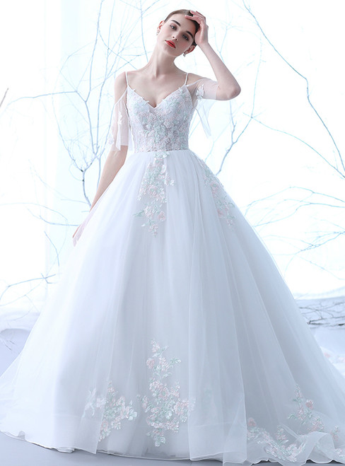 In Stock:Ship in 48 hours White Tulle Straps Tulle Appliques Wedding Dress