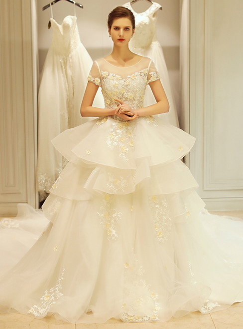 In Stock:Ship in 48 hours Cap Sleeve Ruffle Backless Wedding Dress