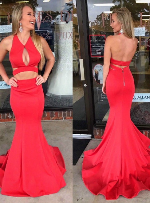 Mermaid Red Lace Halter Backless Sweep Train Prom Dress 
