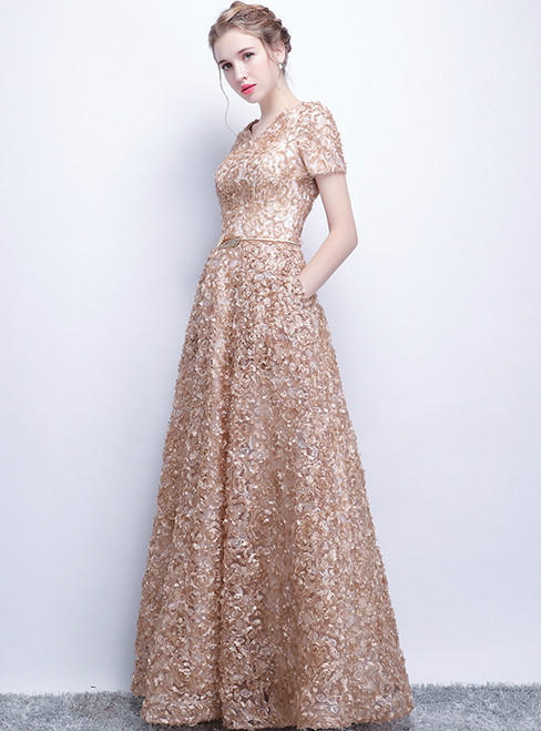 In Stock:Ship in 48 hours Gold Short Sleeve Prom Dress