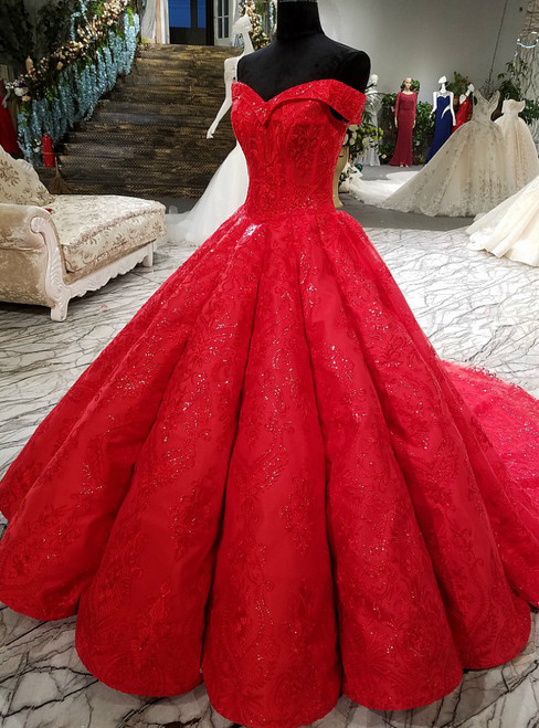 Red Ball Gown Off The Shoulder Lace Sequins Train Wedding Dress 