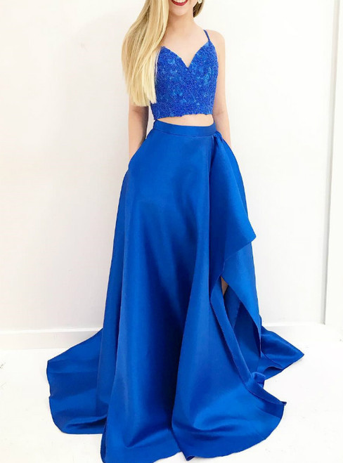 Royal Blue 2 Piece Satin Halter Backless Prom Dresses 7886