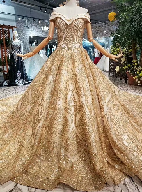 Ball Gown Gold Silver Sequins Off The Shoulder Prom Dress