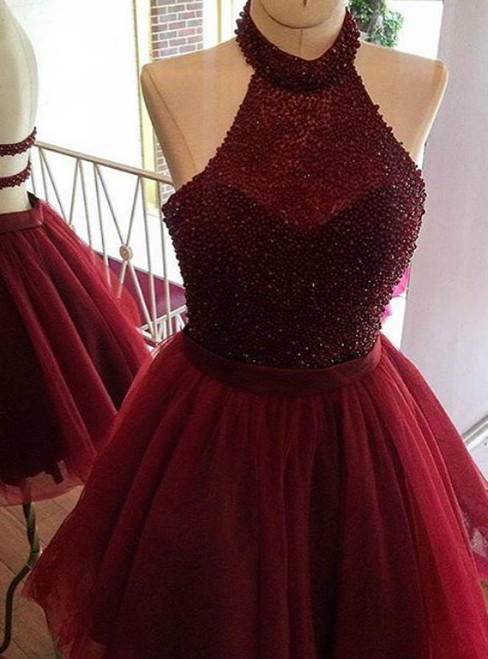 Sexy A-Line Halter Open-Back Burgundy Short Homecoming Dress With Pleats