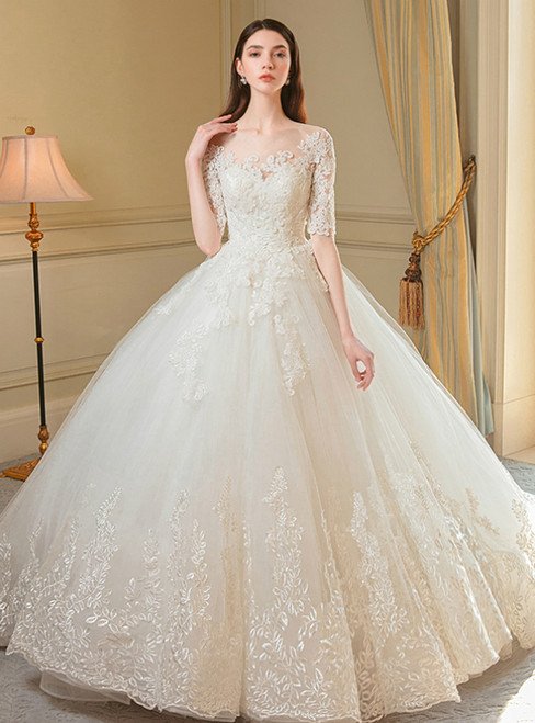 White Ball Gown Tulle Long Sleeve Appliques Backless Wedding Dress main image 0