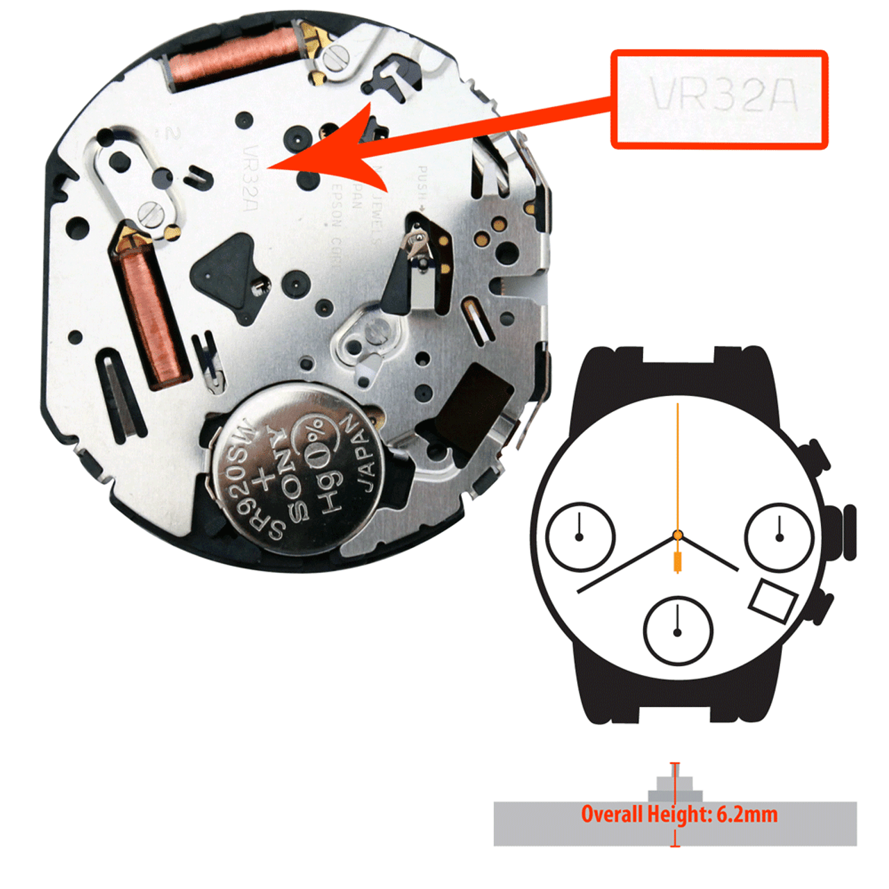 Hattori Japan Quartz Chronograph Watch Movement VR32 Date at 430