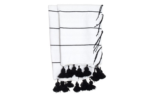 Beach House White and Black Cotton Moroccan Pom Pom Throw