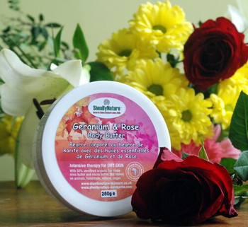 sheabynature Geranium and Rose body butter with 50% unrefined shea butter 250g pot sheabynature Geranium and Rose body butter with 50% unrefined shea butter 250g pot