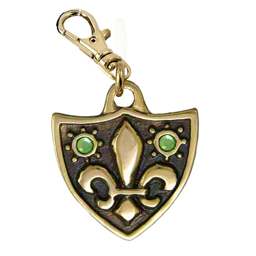 Fleur de Lys Dog Tag with 2 Peridot Swarovski Crystals in Brass