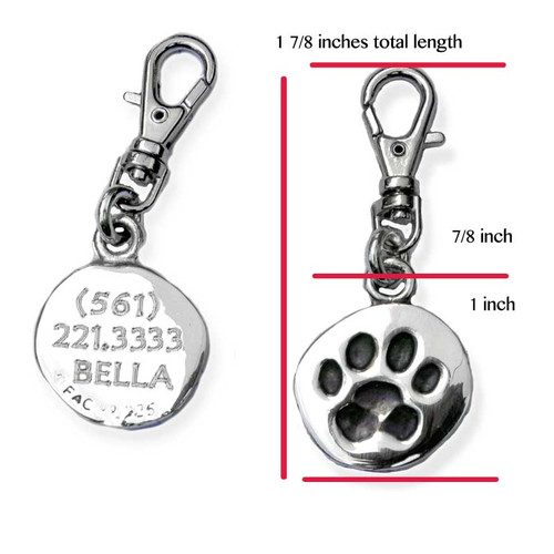Paw Print Silver ID Tag engraving sample with clip and measurement