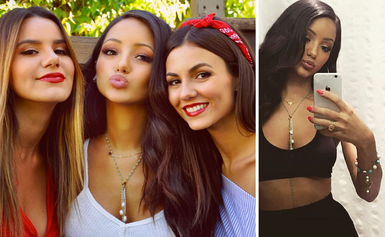 Melanie Iglesias poses with her friends, Maddie Grace and Victoria Justice, wearing our A Shore Favorite Pearl Necklace. Also pictured on the right, Melanie Iglesias wearing the same necklace styled differently with our Mermaid Bracelet. She captioned the picture, 