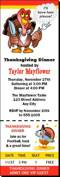 Cartoon Turkey Thanksgiving Party Ticket Invitation