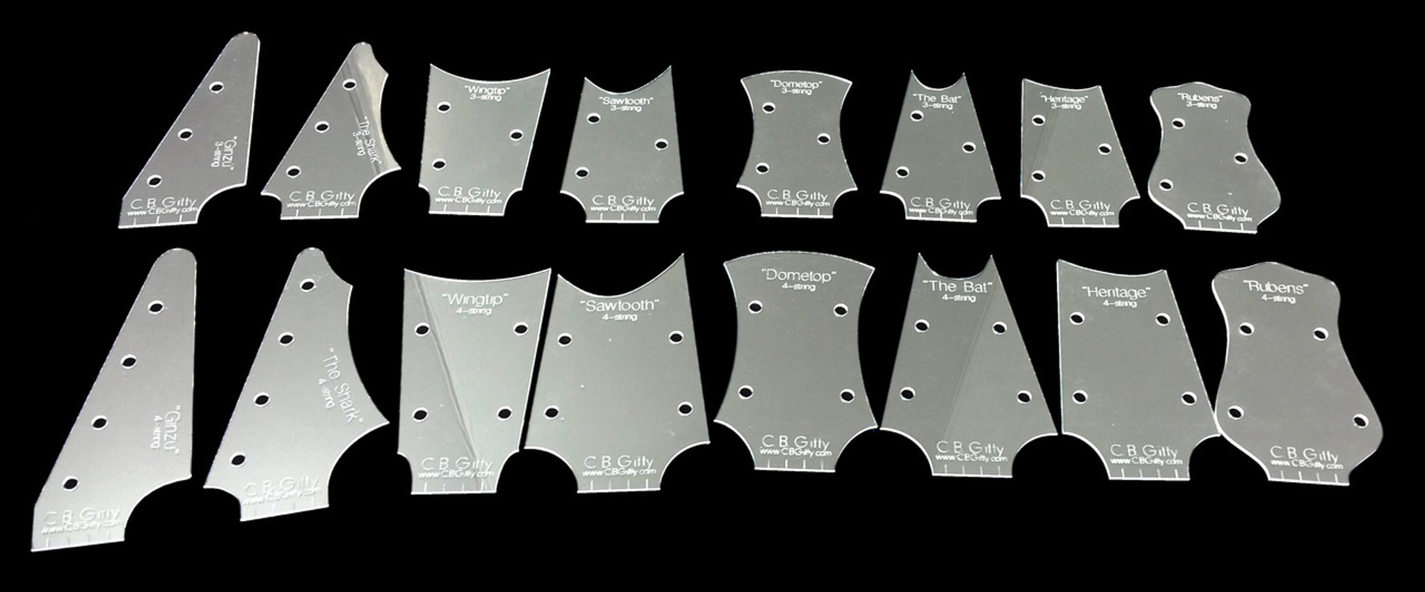 16pc. Cigar Box Guitar Headstock Shape Templates for extended