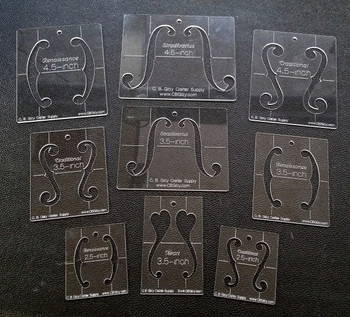9pc. set of F-hole Stencil Templates - 4 different classic shapes in a range of sizes 9pc. set of F-hole Stencil Templates - 4 different classic shapes in a range of sizes